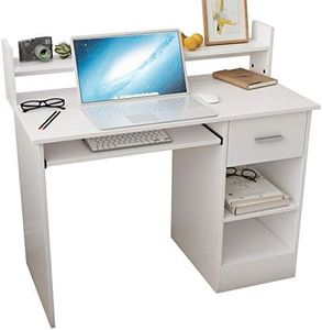 DlandHome Computer Desk Writing Desk with Keyboard Tray, Drawer and Shelf, Wooden Home Office Desk Workstation Table, White