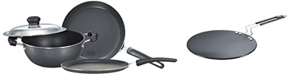 Prestige Aluminium Omega Select Plus Non-Stick BYK Set, 3-Pieces, Gas-Stove Compatible Only & Hard Anodised Plus Cookware Induction Base Roti Tawa, 225Mm, Black Combo