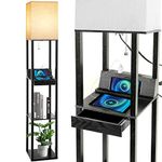 Floor Lamp with Shelves, RUNTOP LED Shelf Floor Lamp with Wireless Charger & 2 Charging USB Ports & Drawer, AC Outlet, 3 Color Temperature Tall Standing Lamp with Bulb for Living Room, Bedroom, Office