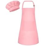 Bouiexye 1 Set Kids Apron and Chef Hat Set Children Apron Adjustable with 2 Pockets Children Chef Painting for Cooking Baking Painting Crafts Making (Pink)