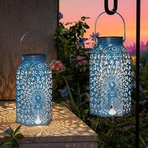 Outdoor Solar Lanterns Waterproof Peacock Garden Gifts Women Mom, Big Solar Lights, Garden Decor, Yard Art, Outside Birthday, Mothers' Day Birthday Gifts Grandma Grandpa(2Pack, Blue Gold