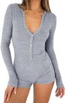 REVETRO Women's 2024 Spring Sexy V Neck Long Sleeve Shorts Romper Y2k One Piece Jumpsuit Bodycon Pajama Set Gym Bodysuit, Grey, Small