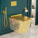 B Backline Ceramic Rimless Wall Mount/Wall Hung Western Toilet/Commode/Water Closet/European Commode P Trap Outlet Is From WALL With Soft Close Seat Cover For Bathrooms (Gold White 5)
