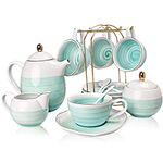 Sweejar Porcelain Tea Sets, 8 oz Cups & Saucer Teaspoons Pack of 4, Teapot Sugar Bowl Cream Pitcher and Tea Strainer for Tea, Coffee, Afternoon Tea Party (Blue)