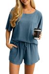 VINTATRE Pajamas Set for Women Waffle Knit Lounge Set 2 Piece Outfits Loungewear Sweatsuit with Pockets Gray Blue M