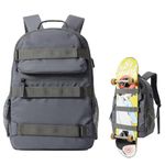 Skateboard Backpack, Large Skateboard Bag for Men and Women Laptop Bag with USB Port, for Skateboarding, College, Travel, Grey, Sports