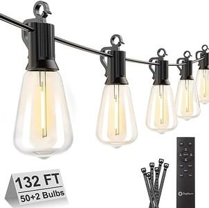 Brightown 132FT Outdoor String Lights Waterproof, LED Patio Lights with 50 Shatterproof ST38 Edison Bulbs, Dimmable Outside Hanging Light with Remote for Porch, Garden, Balcony, Bistro, Gazebos