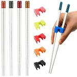 Chopsticks and Chop Stick Helpers 5 Pairs Set, Plastic Hinges Connector Training for Kids, Adults, Beginner, Trainers or Learner, Non-Slip Reusable and Replaceable, Dishwasher Safe (Bubble Fish)