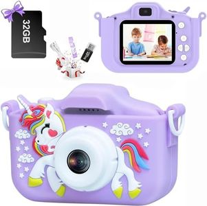 Kids Camera Gifts for 3-8 Year Old Boys Girls, Children Digital Camera with Silicone Cover, HD Video 2 Inch Screenfor Outdoor Play with 32GB TF Card and Card Readers for Boys Girls Gift(Purple)