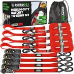 Rhino USA Ratchet Tie Downs (4-Pack) - 1 Inch x 15 Feet (1,823lb Break Strength) - Ultimate Straps With Safety S Hooks for Trucks, Cargo, Moving, Appliances - Premium Red Tie Down Set