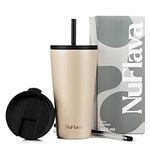 NuFlava® | Mini Tumbler with Straw Lid & Flask Lid (480ml) | Iced Coffee Cup for Travel & Holidays | Reusable Stainless Steel Flask for Drinking Hot & Cold Drinks | BPA Free (Biscuit)