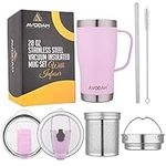 Avodah 20 oz Tea Cup with Infuser and Lid. Tea Infuser Mug with Tea Infuser, Tea Strainer, Two Lids & Straw. Dishwasher Safe Coffee Travel Mug with Tea Accessories for Cold Brew Coffee or Tea (Lilac)