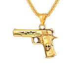 U7 18K Gold Plated, M9 Gun Pendant & Resizable Wheat Chain(20"+2") Necklace, Adorn with Skull Head, Stainless Steel Weapon Jewelry for Men Beretta M9 Pistol/Handgun Necklace, GP3248K