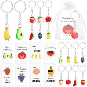 Remuuly 48 Sets Fruit Keychains Bulk with Thank You Appreciation Cards Funny Fruit Pun Cards Cute Fruit Key Ring with Organza Bags for Staff Coworker Employee Teacher Friends Students Team