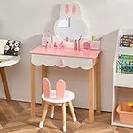 Maxmass Kids Dressing Table and Stool, 2-in-1 Vanity Table with Detachable Mirror, Large Drawer and 2 Storage Boxes, Girls Makeup Desk & Chair Set for Children Toddlers (Pink)