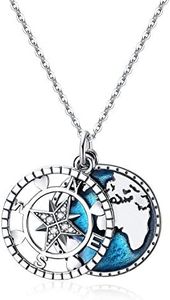 YFN Sterling Silver Navy Blue Anchor Travel Map Necklace Compass Jewelry for Men Women 18 Inch + 2 Inch, Sterling Silver, No information