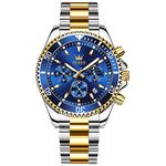 OLEVS Mens Watches Two Tone Stainless Steel Band Chronograph Watch for Men Big Face Blue Dial Luxury Lunar Phase Men's Wrist Watches Waterproof Luminous Analog Quartz Men's Watches