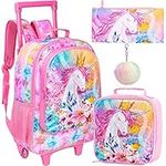 4PCS Kids Rolling Backpack for Girls, Unicorn Sequin Roller Wheeled Bookbag Toddler Elementary School Bag with Wheels