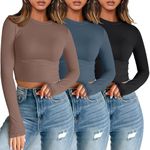 AUTOMET 3 Pack Womens Long Sleeve Shirts Y2K Going Out Crop Tops Cute Basic Slim Fitted Fall Fashion Outfits 2024 Clothes CoffegreyBlueBlack S