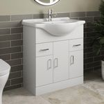 Affine® 750mm Vanity Unit Basin Sink Bathroom Storage Cabinet Cupboard Freestanding, Single Tap Hole Ceramic Wash Basins, Soft Close Doors & Drawers, White Gloss