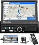 Hikity Single Din Car Stereo Bluetooth with 7 Inch Motorised Retractable Touchscreen, 1 Din Car Radio Bluetooth Hands Free Calls FM Receiver USB BT AUX-IN SWC Mirror Link+Rear View Camera