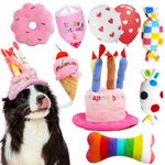 Dog Birthday Toy, Dog Birthday Gift, Happy Birthday Dog Toy Girl, Squeaky Plush Toy Birthday Cake Hat Bandana Toy for Dog Birthday Party, Cute Birthday Gift for Small and Medium Dog Puppy, 9 Pack Pink