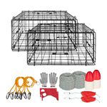 VEVOR Crab Trap, 2 Packs, 24.4x24.4x11.8 inch Heavy Duty Large Crab Pot Trap for Dungeness, Black PVC Coated Wire Mesh for Stealth, with Gauge, Red/White Float, 100ft Leaded Core Rope, and Gloves