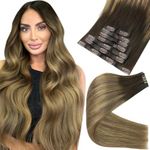 Full Shine Short Hair Extensions Clip ins Brown Balayage Straight Clip in Hair Extensions Dark Brown Ombre Light Brown Mix Caramel Blonde Remy Human Hair Clip in Extensions 12 Inch 8 Pcs 95 g