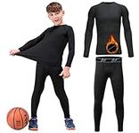 HOPLYNN Youth Boys'Thermal Compression Set Fleece Lined Long Bottom and Long Sleeve Base Layer Warm Ultra Soft Black L