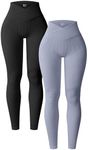 OQQ Women's 2 Piece Yoga Leggings Ribbed Seamless Workout High Waist Cross Over Athletic Exercise Leggings Black Blues