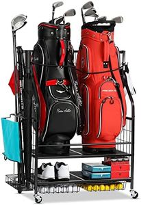 FHXZH Golf Bag Storage Garage Organizer- Golf Bag Stand Fit for 2 Golf Bags and Golf Clubs, Golf Balls, Golf Equipment Accessories, Extra Large Golf Bag Storage Rack for Garage, Club, Shed, Basement