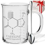 Caffeine Beaker Mug with Metal Spoon - Chemistry Mug - Borosilicate Glass Coffee Mugs with Handle and Measuring for Coffee/Latte/Tea - Caffeine Molecule Cup - Science Coffee Mug