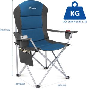SUNMER Padded Folding Camping Chairs, Set of 2 – Cup Holder, Side Pockets, Dark Blue