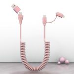 Coiled USB C to Lightning Cable 4 in 1, PD 60W Fast Charging & Data Sync,6FT Multi Charging Cable for Apple CarPlay & Android Auto,USB/USB C to USB C/Lightning Cable Combo for iPhone/Pad/Android,Pink