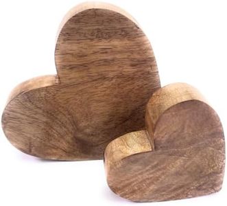 Set di 2 cuori decorativi da appoggiare, in legno di mango massiccio in piedi in 14 x 13 e 10 x 11 cm