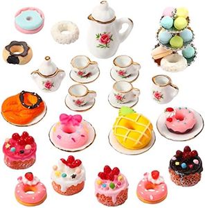 40 Pieces 1:12 Scale Dollhouse Miniature Kitchen Accessories Set Includes 15 Flower Pattern Miniature Porcelain Tea Cup 24 Mixed Pretend Cake Donut Foods 1 Mini Three-tier Cake Stand for Doll Decor