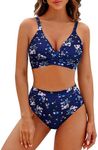 BMJL Women's High Waisted Bikini Sets V Neck Two Piece Swimsuit Color Block Twist Front Bathing Suits(S,Blue Floral Print)