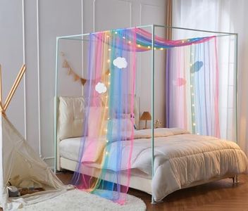 WANFASO Rainbow Princess Canopy Bed Curtain with Light，Canopy Bed Scarf Valance with Cloud Ornaments，Bed Canopy for Girls Bedding Decor（Twin，Rainbow）