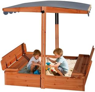 RUNSHED Wooden Sandbox for Outdoor Backyard, 48x48in Large Sand Box with Canopy for Aged 3-12 Years Old, Kid Sand Pit with 2 Foldable Bench Retractable Roof Bottom Liner (Golden Red)