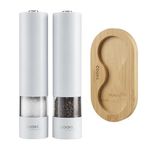 Cooks Professional Electric Salt and Pepper Mill Set with Bamboo Base | Battery Operated Automatic Grinders with Adjustable Grinding & One Touch Operation | Condiment Grinder & Stand | White
