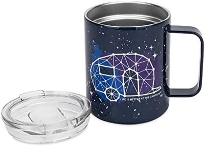 Camco Life is Better at the Campsite Stainless Steel Mug with Lid | White RV Constellation Design on Navy Frost Background | 14oz. (53310)