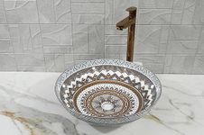 OBLONG Table Top Wash Basin | Wash Basin Countertop | Tabletop Ceramic Bathroom Sink | Vessel Sink Over Counter | Marble Wash Basin For Bathroom - Moroccan, Round, 41 x 41 x 12.5, 1, M004