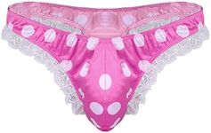 iEFiEL Men's Soft Satin Polka Dot Ruffled Extra Frilly Thong Sissy Underwear Tanga Panties Rose Lace Polka Dots Large