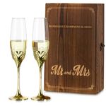 NUPTIO Champagne Glasses Wedding Gift: Set of 2 Swan Champagne Flutes Gold with Wooden Box Present for Couple Anniversary His and Hers Crystal Keepsake Mr and Mrs Engagement