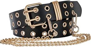 FIORETTO Double Grommet Leather Belt with Detachable Chain Women Men Punk Rock Waist Belts for Jeans Pants Double Holes (With Gold Chain)