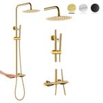 QISHENG Thermostatic Gold Shower System, Anti Scald Exposed Shower System, Dual Funtions Shower System With Cooltouch Thermostatic Valve, Rainfall Shower System With Handheld, Wall Mount Shower System