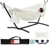 PNAEUT Handmade Tassel Hammocks, Double Hammock with Stand for Outside, Max 450 lbs Capacity, Tree Straps & Carabiners & Pillow & Storage Bag and Portable Carrying Bag Included (Beige)