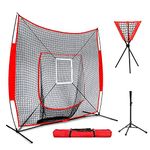 FOME Baseball Practice Net with Batting Tee Ball Caddy, 7x7ft Baseball Softball Hitting Pitching Net Set with Strike Zone Portable Travel Tee for Hitting Pitching Training Practicing with Carry Bag