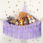 ANROYE Macrame Stuffed Animal Storage with Star Light, Bear Purple Hammock for Girls Room Decor, Corner Hanging Mesh Organizer Idea for Nursery, Plushies Toy Wall Hanging Display Holder Kid Gift