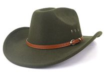 LIDHAY Cowboy Hat for Women and Men Felt Wide Brim Classic Outdoor Fedora Hats Western Cowboy Cowgirl Hats with Belt Buckle, Army Green, One Size